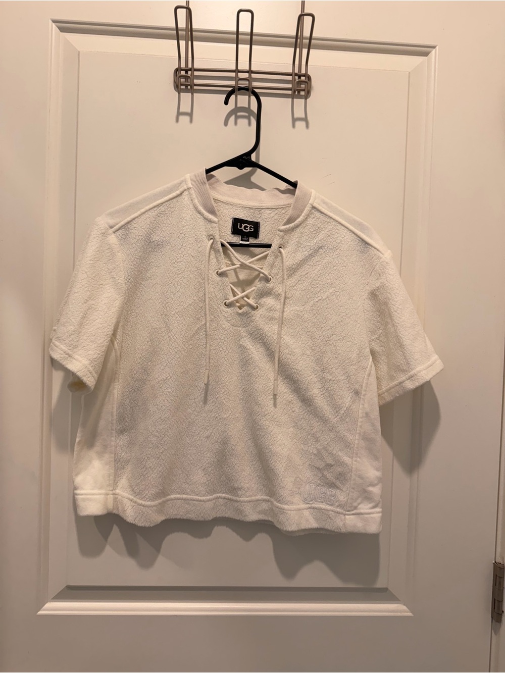 UGG Kiyah Short Sleeve Lace-Up Sherpa Top White Size S